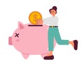 Young woman invest coin into piggy bank 2D vector isolated spot illustration