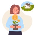 Young woman investing in dream home, smiling person holding money plant with gold coins
