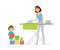 Young woman irons clothes - cartoon people characters isolated illustration