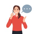 Young woman Jane talking phone, calling by telephone. Communication and conversation with smartphone concept Royalty Free Stock Photo