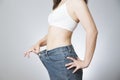 Young Woman In Jeans Of Large Size, Concept Of Weight Loss