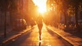 young woman jogging in the city at sunset