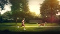 Young woman jogging with her dog in a park at sunset. Royalty Free Stock Photo