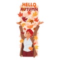 Young Woman Joyfully Tosses A Vibrant Cascade Of Autumn Leaves Into The Crisp, Sunlit Air, Cartoon People Vector Banner