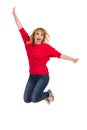 Young Woman Is Jumping With Arms Outstretched And Shouting Royalty Free Stock Photo
