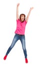 Young Woman Is Jumping With Arms Outstretched And Shouting Royalty Free Stock Photo