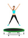 Young woman jumping on trampoline. Pretty fit girl in leggings and crop top with hands up.