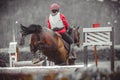 Young woman jumps a horse during practice on cross country eventing course, duotone art