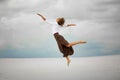 Young woman jumps on sand in desert and joyful laughs. Royalty Free Stock Photo