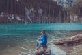 Young woman at Kaindy lake, Tien Shan mountain, Kazakhstan Royalty Free Stock Photo