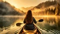 Young Woman Kayaking in a Beautiful Mountain Lake at Sunrise - Generative Ai