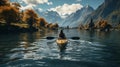 Young woman kayaking in crystal lake background alps mountain. Generative AI. Royalty Free Stock Photo