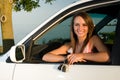 Young woman with keys to auto or car