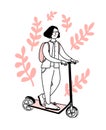 Young woman on kick scooter with pink backpack. Teen riding electric vehicle. Cute illustration of generation z, doodle