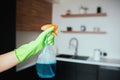 Young woman in kitchen during quarantine. Picture of female hand in green glove hold window spray. Blue liquid inside Royalty Free Stock Photo
