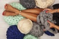 Young woman knit chunky merino pouf