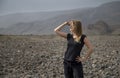 Young woman in the landscape of Hajjar Mountains in Oman