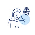 Young woman at laptop and fingerprint symbol. Pixel perfect, editable stroke icon