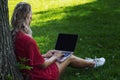 Young woman with laptop on the grass in the park sits by a tree. Remote work and training. Isolated on a black screen. Space for Royalty Free Stock Photo