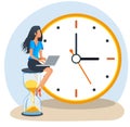 Young woman with laptop sitting on hourglass in front of huge clock icon. Time management and control concept.