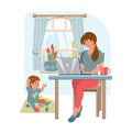 Young woman with laptop working from home. Working mom with kid in modern interior. Home office concept. People who study or work Royalty Free Stock Photo