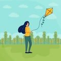 Young woman launching kite outdoors girl playing wind toy holiday