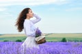 Young woman is in the lavender flower field, beautiful summer landscape Royalty Free Stock Photo