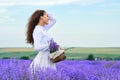 Young woman is in the lavender flower field, beautiful summer landscape Royalty Free Stock Photo