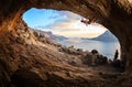 Young woman lead climbing in cave Royalty Free Stock Photo