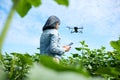 Young woman learning how to pilot her drone in, female using, piloting