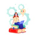 Young woman learns foreign language in online course or school vector illustration. Cartoon teen student characters in