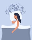 Young woman lies in bed and suffers from insomnia, depression, unresolved problems. Woman surrounded by stream of anxious thoughts