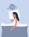 Young woman lies in bed and suffers from insomnia, depression, unresolved problems. Woman surrounded by stream of anxious thoughts