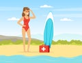 Young Woman Lifeguard on Sandy Beach Supervising Safety Vector Illustration