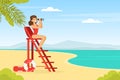 Young Woman Lifeguard Sitting on High Ladder with Binoculars Supervising Safety Vector Illustration