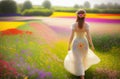 A young woman in a light translucent dress walks through a flowering field. Back view.