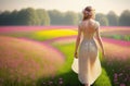 A young woman in a light translucent dress walks through a flowering field. Back view. generative ai.