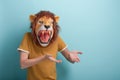 Young woman in lion mask disappointed with arms up in air in full disbelief, wtf, annoyed