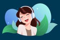 Young woman listen music with headphone and feel joyful, flat cartoon character design, leaf abstract background.