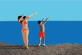 A young woman and a little boy in a bathing suit make dab dance near the sea on a sunny day