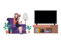 Young woman in the livingroom with smartphone avatar character