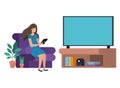 Young woman in the livingroom with tablet avatar character