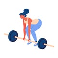 Young woman with loaded barbell training deadlifting exercise isolated on white. Healthy lifestyle cartoon illustration Royalty Free Stock Photo
