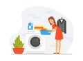 Young Woman Loading Clothes for Washing in Laundry Cartoon Vector Illustration