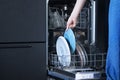 Young woman loads the dishwasher with dirty dishes Royalty Free Stock Photo