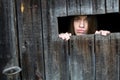 Young woman locked in a wooden shed. Royalty Free Stock Photo