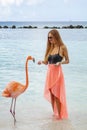 Young Woman with Long Blond Hair in Black Bikini and Pink Wrap Feeding Pink Flamingos on the Beach #1