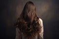 Young woman with long curly hair on dark background. Back view, rear view of a Beautiful young woman with long hair. back view of Royalty Free Stock Photo