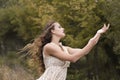 Young woman wear handmade look dress in forest Royalty Free Stock Photo