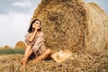 A young woman with long hair and in a dress sits near a hay bale. Woman posing smiling and looking at camera Royalty Free Stock Photo